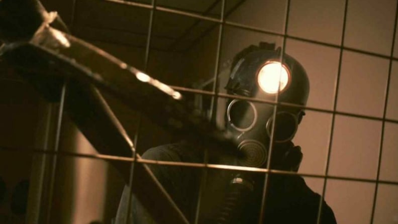 A killer in a mining mask with an ax, in a scene from "My Bloody Valentine 3D."