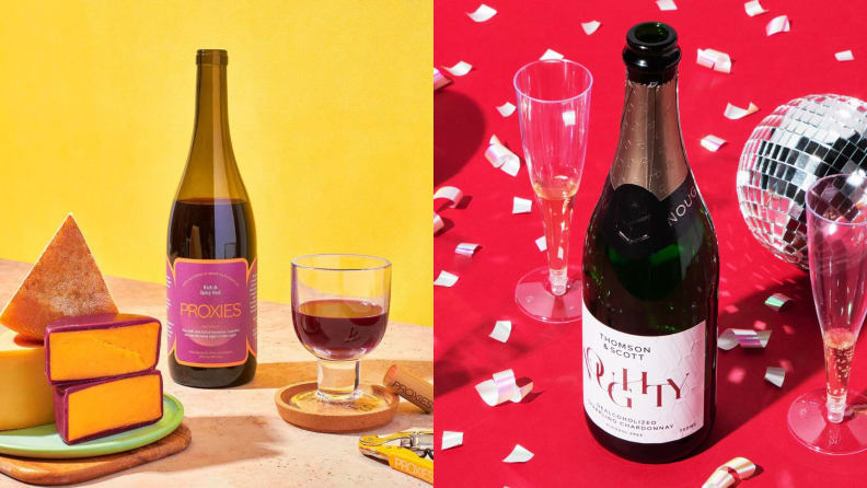 On left, bottle of red wine, with a filled glass and accompanying cheese. On right, a bottle of Noughty champagne surrounded by confetti and disco balls.