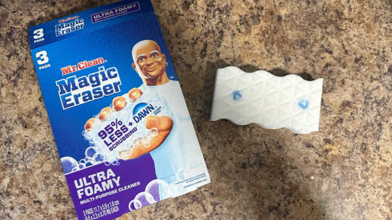 Close-up of the Ultra Foamy Magic Eraser box and product.