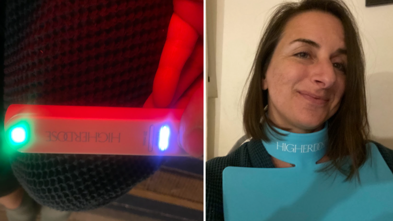 Author wearing HigherDose neck enhancer and and up close photo of the device