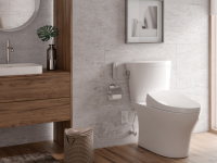 The Toto Arc toilet in a bathroom with white walls and natural wood.