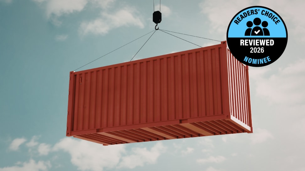 Reviewed's Readers' Choice Award nominee badge over an image of a portable storage container being lifted