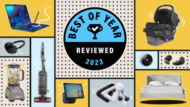 A collage with a circular blue-and-black graphic at the center, reading Best of Year, Reviewed 2023, surrounded by images of ten of the 100 best products of the year as selected by Reviewed.