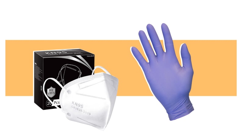A Hotodeal KN95 mask next to a purple Safety Zone medical glove on an orange background.