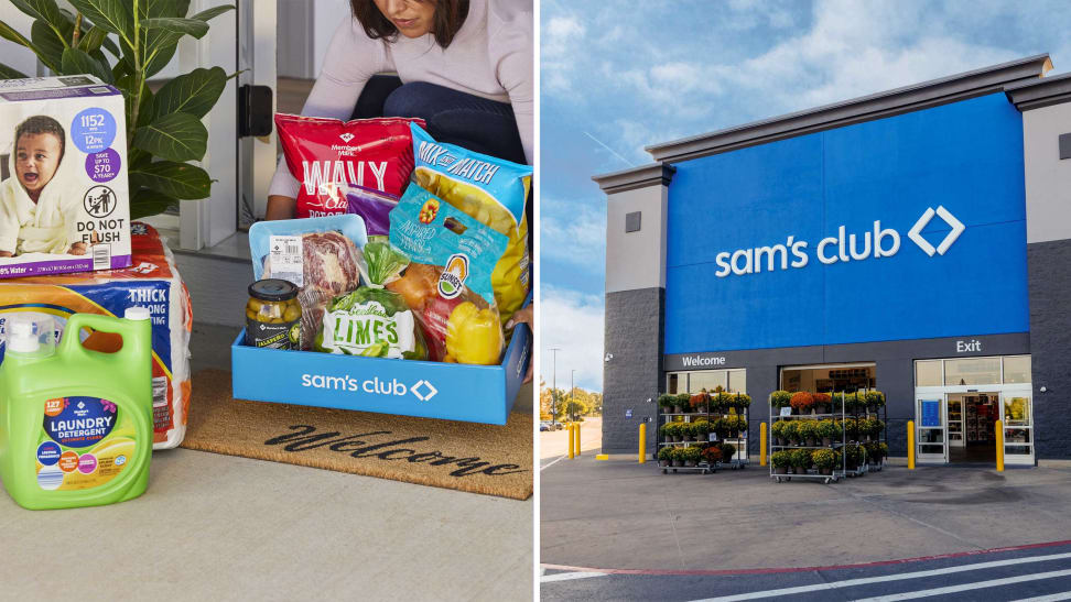 Sam's Club groceries delivered on a front porch and the exterior of a Sam's Club building