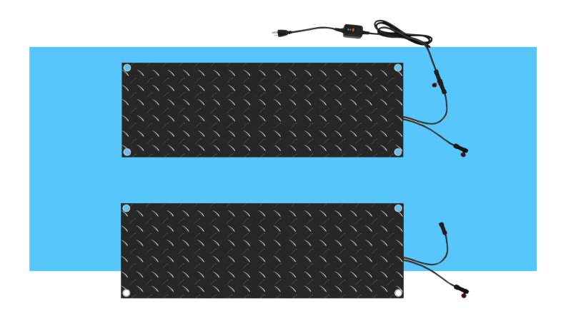 Two identical, black snow melting mats with two power cords sticking out the side in front of blue background.