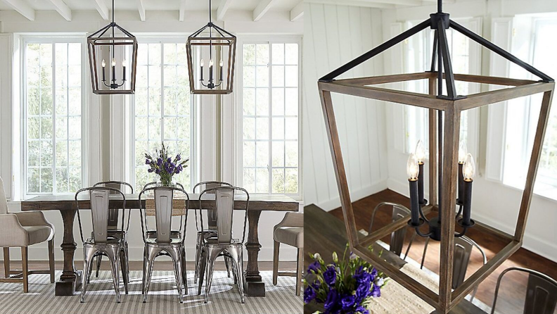 Side-by-side images of the rustic Feiss chandelier