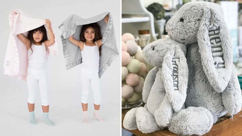 (Left) Two children hold gray and pink blankets over their heads. (Right) Two personalized rabbit stuffed animals.