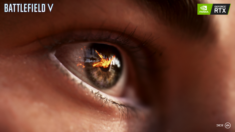 A person's eye with fire reflected over the pupil and iris demonstrating ray tracing on a nvidia graphics card