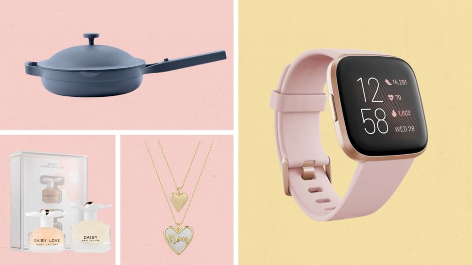 collage with a light blue pan, fitbit with pink band, Double MOM heart necklace and a Marc Jacobs perfume set