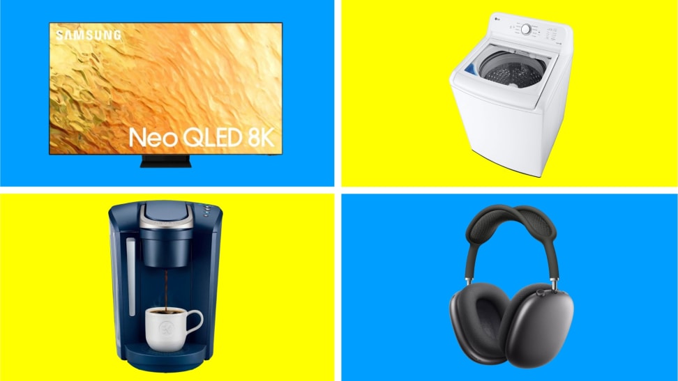 A collection of items on sale at Best Buy in front of colored backgrounds.