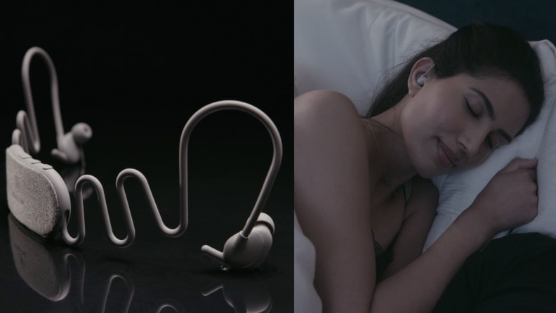 a side by side showing the kokoon earbuds alone, and in someone's ear as they sleep
