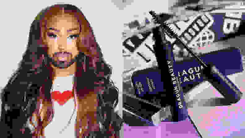 a trans woman with long brown hair and a beard wearing gorgeous makeup on the left, with a mascara tube and mascara wand on a purple platform on the right