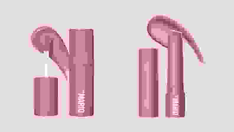 On the left: A pink doe-foot applicator next to a pink tube with a swatch of pink lip color behind it. On the right: A pink lipstick tube cap next to a pink lipstick tube with a swatch of pink color behind it.