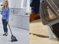 左边，一名妇女正在用二把扫帚清扫地上的垃圾。右边，扫帚用吸力将地板上的灰尘吸走。