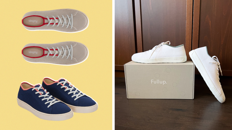 Two pairs of FullUp shoes on a yellow background and a pair of white FullUp shoes on a box.