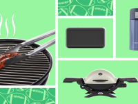 Grill, water bottle, and speaker on a green football-themed background.