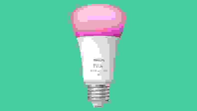 Close up of a pink LED lightbulb.