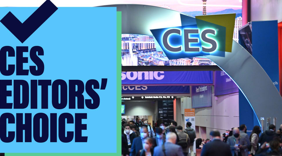 A crowed at a CES event with a graphic blue overlay featuring a checkmark and the words "CES Editors' Choice."