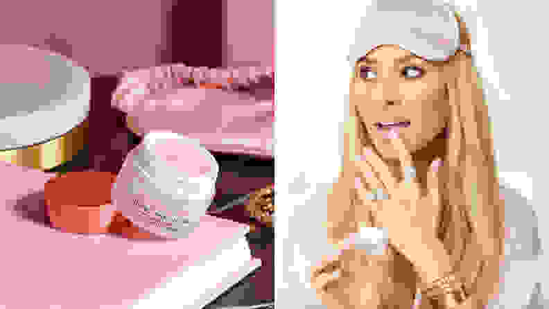 On the left: A white uncapped jar of lip mask reveals a pink cream and sits on a table with an eye mask behind it. On the right: A person wearing an eye mask on top of their head applies the lip mask with one finger.