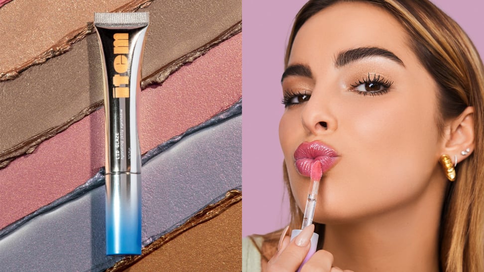 On the left: The Item Beauty Lid Glaze in its silver tube and the background is swatched with five shades of the liquid eyeshadow. On the right: Addison Rae making a kissy face and applying the Lip Quip to her lips in a pink shade.