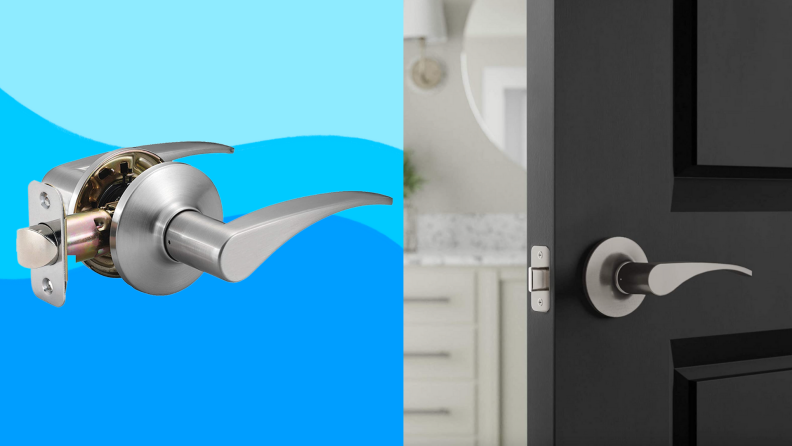 On left, silver lever door handle. On right, silver lever door handle on door of bathroom.