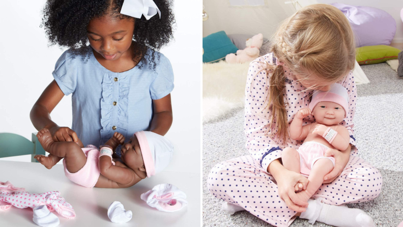 Two children play with lifelike baby dolls in preparation for a new sibling.