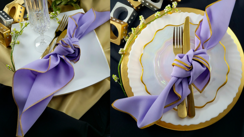 Close ups of a table setting with purple napkins and gold utensils.