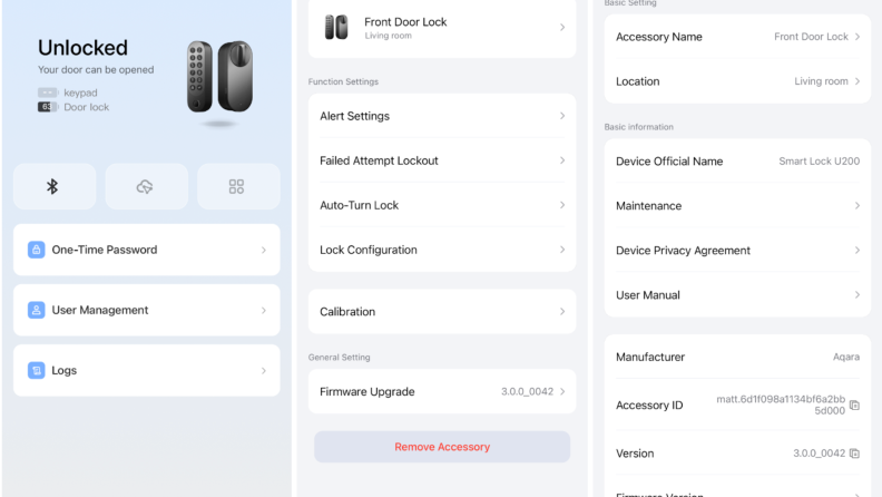 Aqara U200 smart lock app screenshots