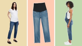 On the left: A woman wearing a white shirt and a pair of cropped maternity jeans. In the middle: a pair of maternity jeans on a pink background. On the right: A pregnant woman wearing overalls.