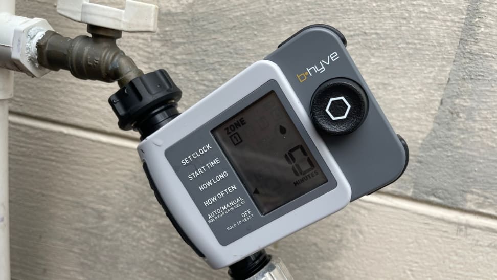 The Orbit B-hyve XD Hose Faucet Timer connected to a hose