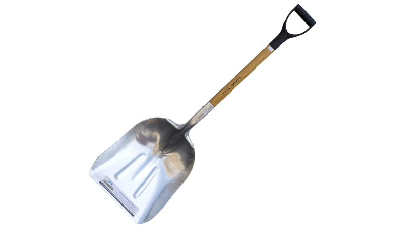 An aluminum shovel on a white background
