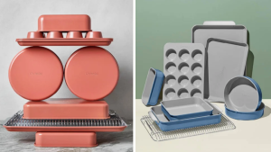 Left: Coral-colored bakeware from Caraway stacked in a tower; right: blue-colored bakeware from Caraway on a table.