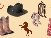 A cowboy core flat lay featuring boots, a felt hat, patterned scarves, and a western-style tumbler with horse and horseshoe accents.