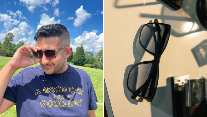 An image of the author wearing a pair of tortoiseshell sunglasses, and an image of a pair of sunglasses on a table.