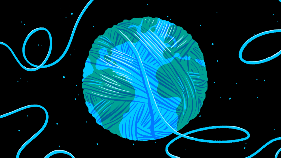 Illustration of the planet Earth that is constructed of green and blue yarn out in space.