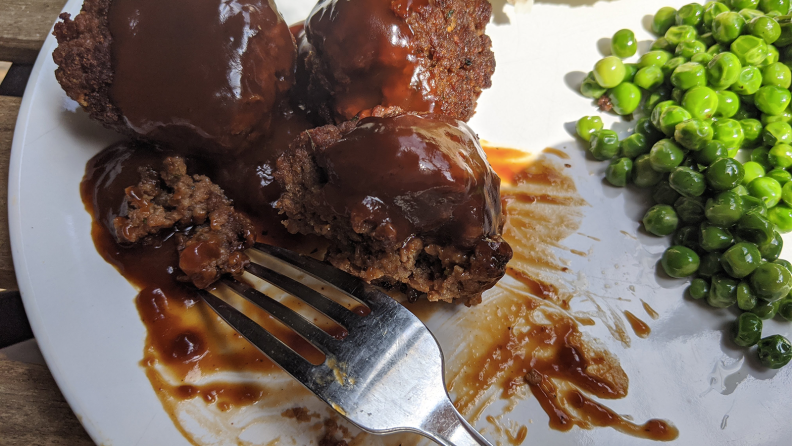 Close up of Impossible Burger meatballs