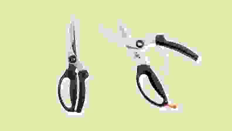 Kitchen shears on beige background.