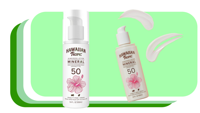 Two white bottle of Hawaiian Tropic's Mineral Skin Nourishing Milk SPF 50 sunscreen next to smears.