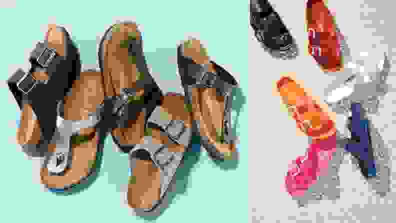 An array of Birkenstock shoes in various colors.
