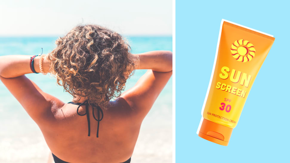 On the left: A person's backside as they run their hands through their curly brown hair and face toward the ocean. On the right: An orange bottle of sunscreen on a blue background.