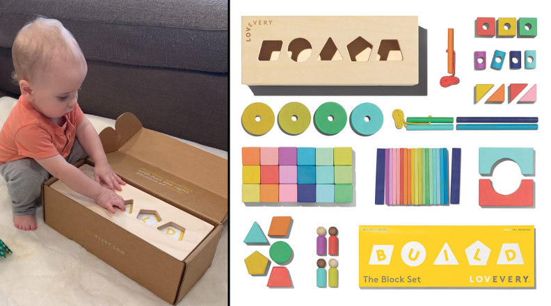 Toddler opening package and display of blocks
