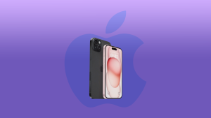 The iPhone 15 on a purple background with the Apple logo.