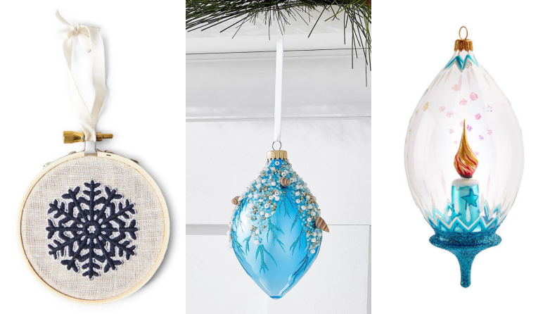 Three images of blue Christmas ornaments.