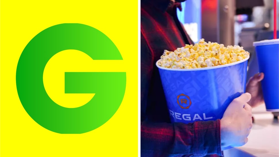 The Groupon logo next to someone holding a Regal popcorn bucket.