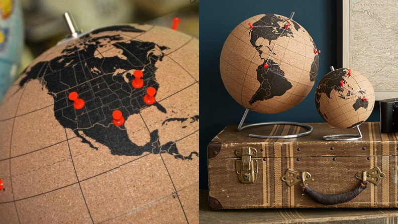 Side-by-side images of the cork globe with red pins next to image of two globes arranged on a suitcase