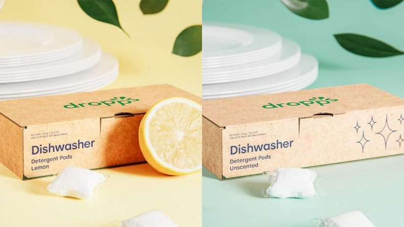 Left: A cardboard box of dishwasher detergent pods in a lemon scent, surrounded by a fresh lemon and a stack of clean white plates. Right: A cardboard box of unscented dishwasher detergent pods surrounded by a stack of clean white plates.