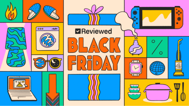 Illustrated collage of various products on sale for Black Friday including diffuser, Nintendo Switch, and a Dutch oven