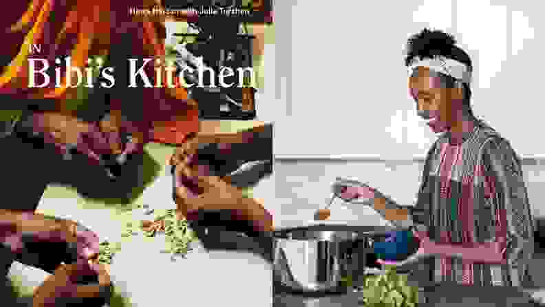 On left, In Bibi's Kitchen cookbook cover. On right, Hawa Hassan cooking in a kitchen.