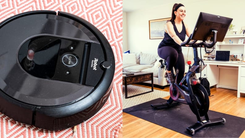 A robot vacuum and a person riding a stationary bike.